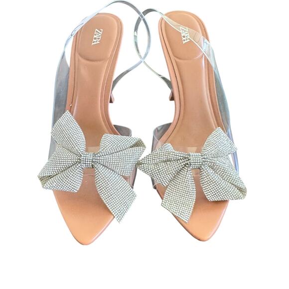 New ZARA Clear Vinyl Nude Stiletto Pointed Sandals Rhinestone Bow Sz 39 US 8.5 - Picture 2 of 10